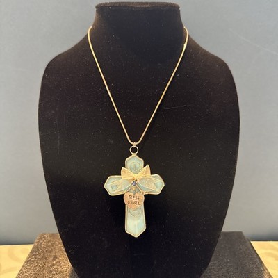 Blue Enamel Cross Necklace Bless Us All Charm Silver Tone Chain Faith Christian