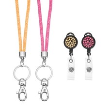 2 Pcs Rhinestones Lanyard with Badge Reel and Keyring, Champagne/Rose Red