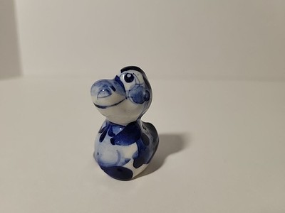 Russian GZHEL Dragon/Dinosaur Blue & Wht  Porcelain Figurine Handpainted 1.75'' A