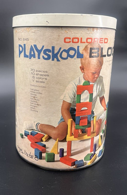 Vintage Playskool #645 Colored Wood Non-toxic Building Blocks Made in USA