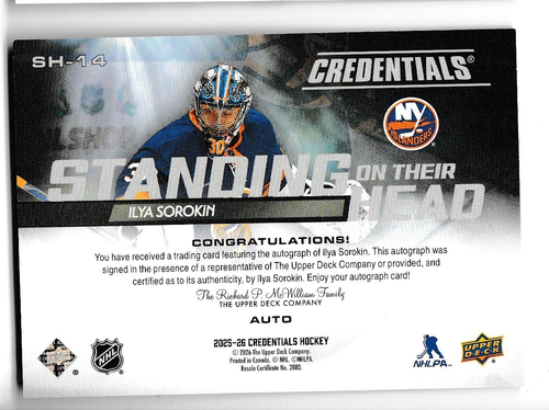 HOCKEY NHL25/26 CREDENTIALS STANDING ON THEIR HEAD  ILYA SOROKIN AUTO  #SH-14 - Bild 2 von 2