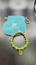 RUSTIC CUFF GOLD  GREEN BEADED CHARM STRETCH BRACELET