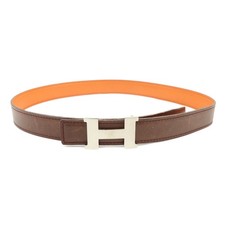 HERMES Leather H Buckle  B Stamped Reversible Constance Belt Brown Auth Used F/S