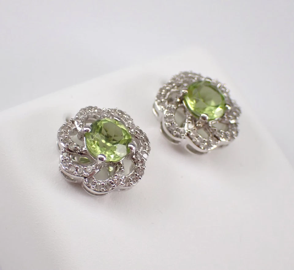 2Ct Round Cut Lab-Created Green Peridot Halo Stud Earrings 14K White Gold Plated - Image 3 of 4