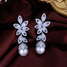 Silver Plated Long Leaf Drop Cubic Zirconia Pearl Dangle Earrings for Women Gift