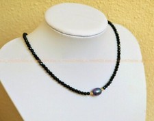 Faceted 3mm Bright Black Spinel Gems 9-10mm Black Pearl Necklace 18''