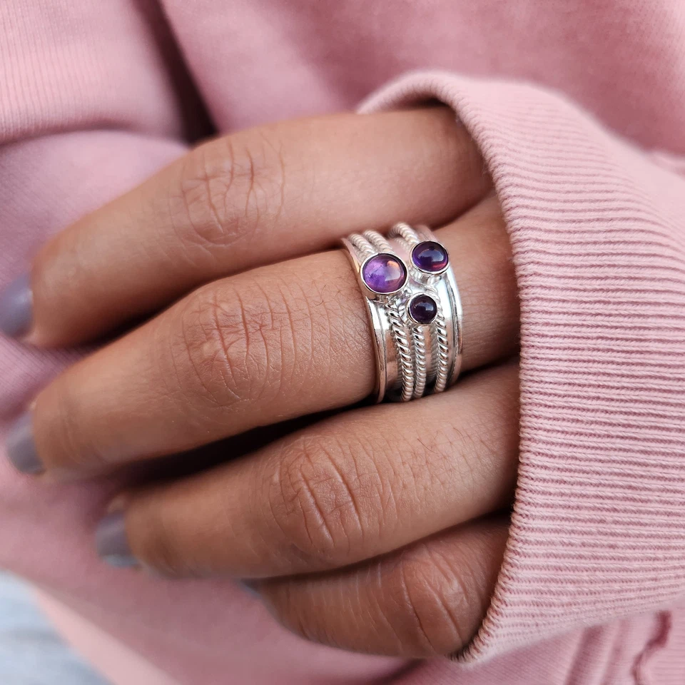 Anillo giratorio de amatista genuina de plata de ley 925 anillo de meditación anillo inquieto Foto 3 de 4