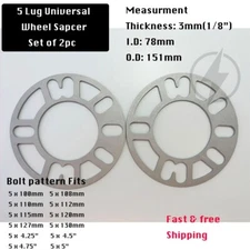 2Pc Wheel Spacers 3mm Thick Universal Fits 4 Lug & 5 Lug 78mm Center Bore