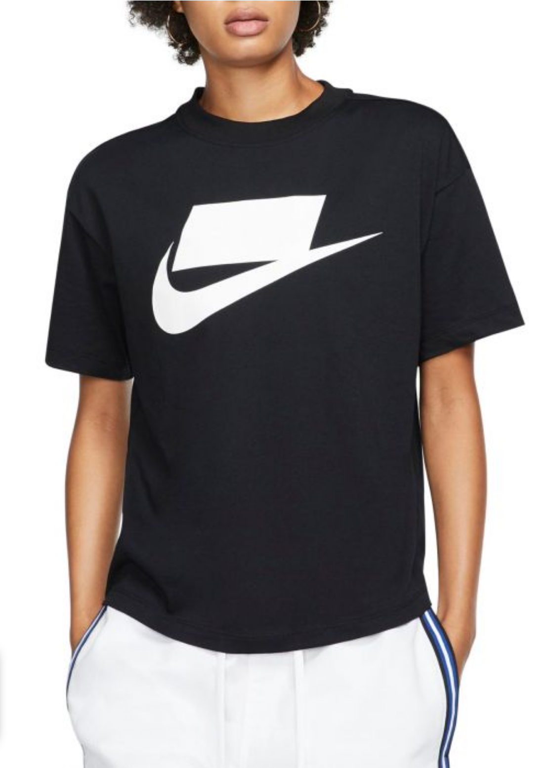 Nike Sportswear Swoosh Blank Logo Women Tee Loose Fit Black White AH4007 246