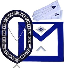 Masonic Blue Lodge Officer Worshipful Master Apron, Silver Chain Collar  Gloves