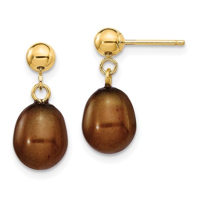 14k Yellow Gold 7-8mm Brown Rice Cultured Pearl Drop & Dangle Earrings 0.18gm