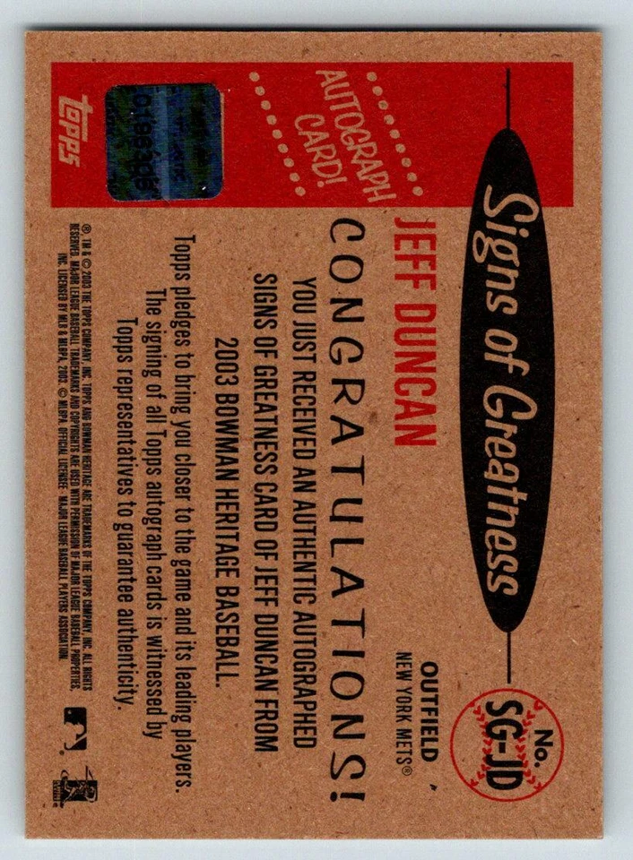 2003 Bowman Heritage Signs of Greatness #JD Jeff Duncan (ref 210507) - Image 2 of 2