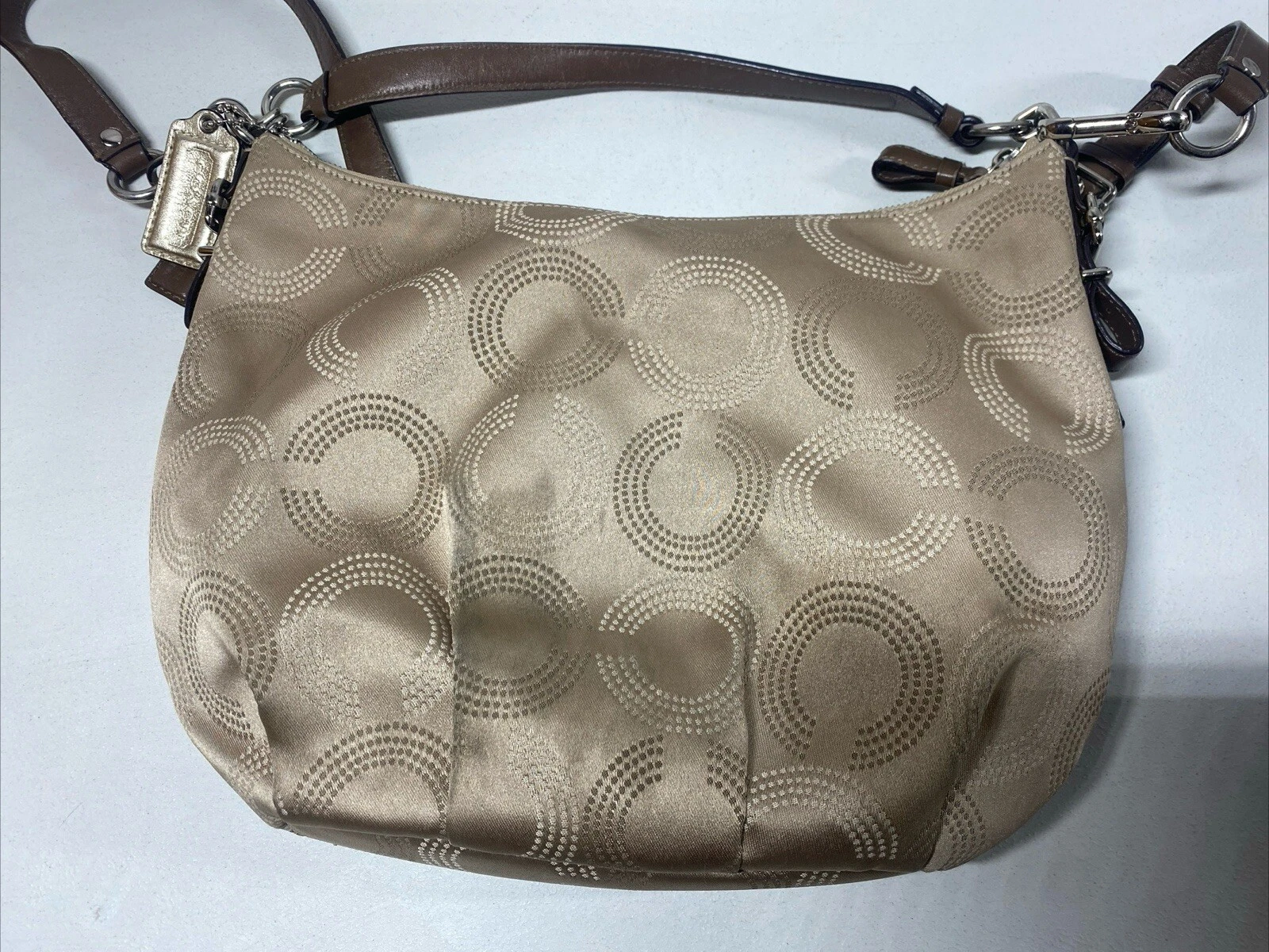 Borsa a tracolla Hobo originale vintage Coach Madison marrone chiaro Jacquard F15929
