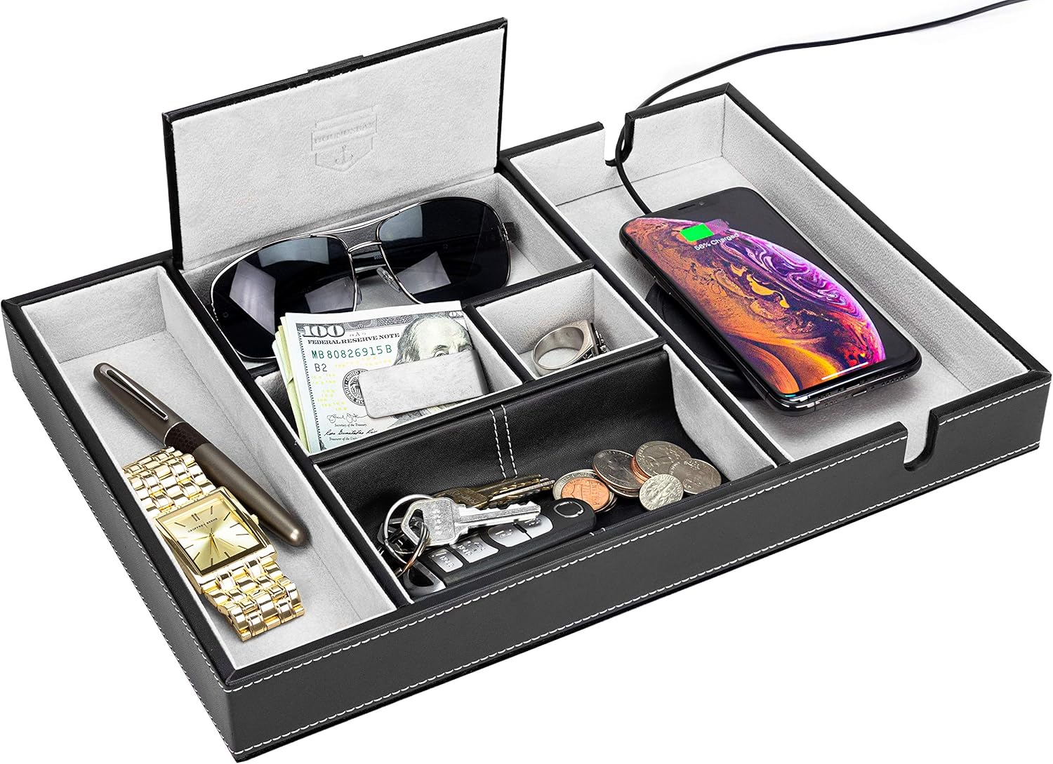 Leather Valet Tray with 6 Compartments - Nightstand Organizer for Men