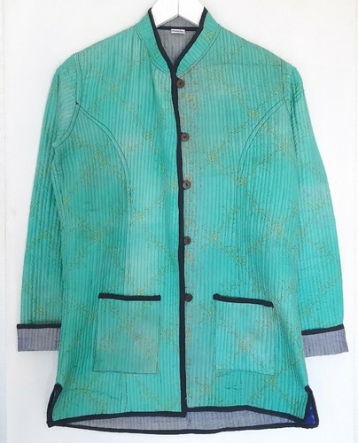 Ladies vintage silk Kantha quilted jacket paisley floral print mint green Sienna