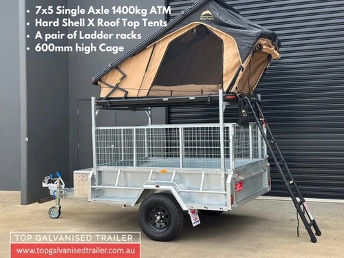 7x5 Single Axle Galvanised Trailer 1.4t ATM+ Rooftop Tent + Ladder Racks + 600mm