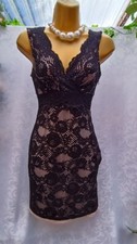 New Lipsy Size 8 Black Beige Short Lace V-Neck Bodycon Mini Dress