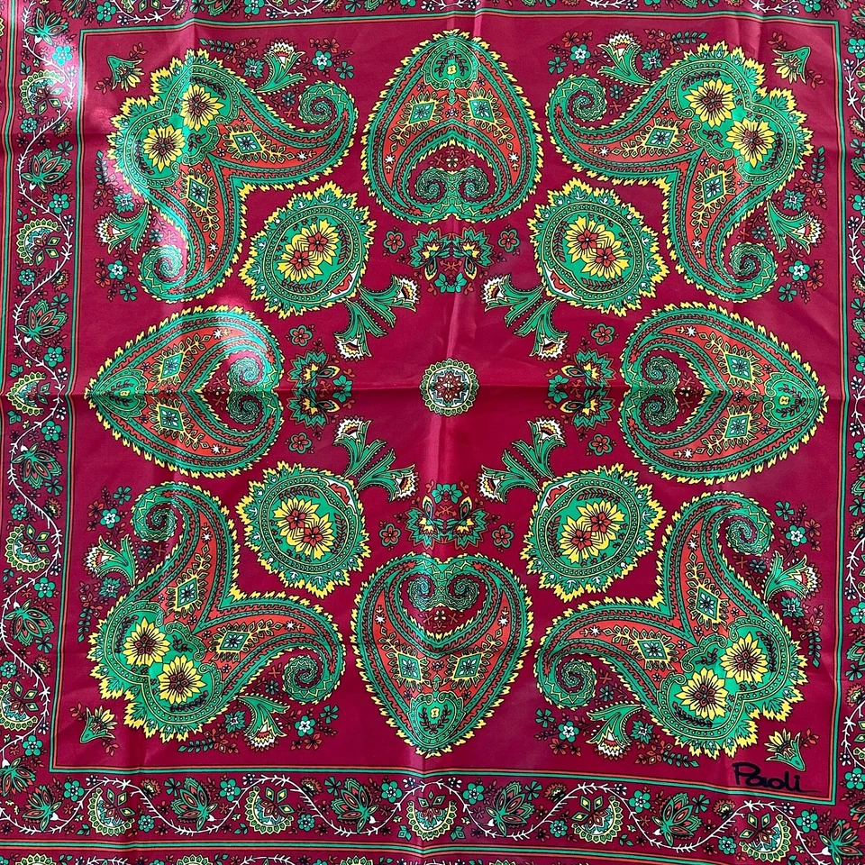 Paoli Bufanda Vintage 27" X 27" Acetato Hecho en Japón Rojo Verde Amarillo Foto 3 de 4