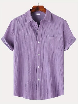 Button Up Purple Short Sleeve Shirt Casual Summer Wear Chest Pocket Stylish 