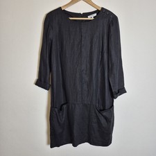 Great Plains L Black 100% Linen 3/4 Sleeve Drape Shift Dress Pockets