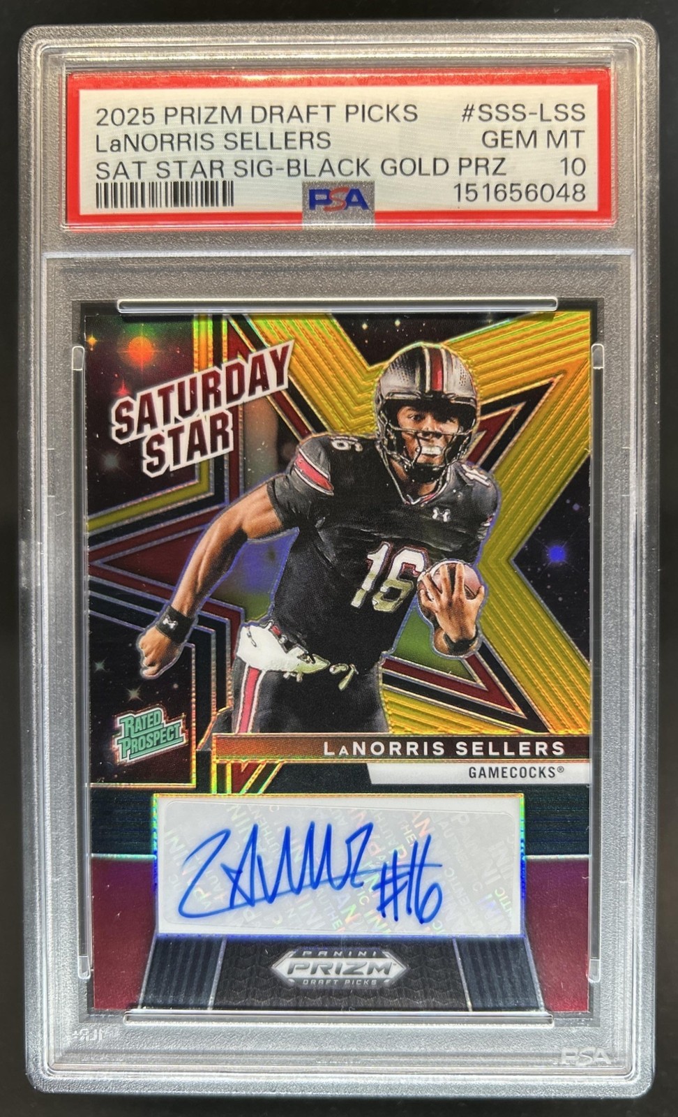 2025 Prizm Draft Picks LaNorris Sellers Saturday Star Black Gold Auto #/5 PSA 10