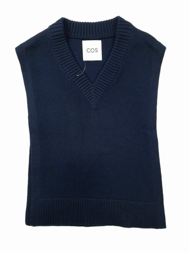 COS Open Side V Neck Sweater Vest OS Navy Blue Boxy Fit Chunky Knit Preppy NEW