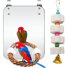 Bird Cage Mirror with Perch Rope Parrot Toy Pendant for Cockatiels Parakeets