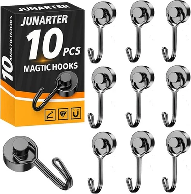 JUNARTER 10 Pack Black Magnetic Hooks Heavy Duty, 25LBS Strong Neodymium Magnet Hooks, Sw