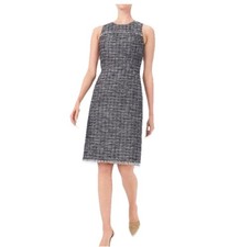 J Crew Tweed Sheath Dress Womens Size 2 Navy Blue Fringe Hem Office Academia