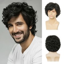 Black Mens Curly Short Wig Side Part Natural Synthetic Fibre Male Guy Hair Wi...