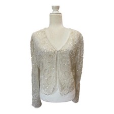 Vintage Sheer White Lace Sequin Bolero Jacket Size Medium Cocktail Evening Bride