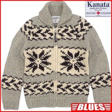 KANATA Cowichan Sweater Hand Knit Zip-Up Wool Canadian Print L Made in Canada