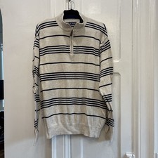 CHAPS M Men's Cream/Navy Blue Striped 1/4 Zip Mock Neck  Knit Sweater Sz XXL