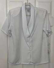 Vintage Karen Arnold Sz 6 Career Blouse White ss Silky Polyester Deep Neck