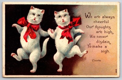 Clivette Fantasy~Two White Cats In Big Red Bows Dance Paw-In-Paw~#619~Emb~1907