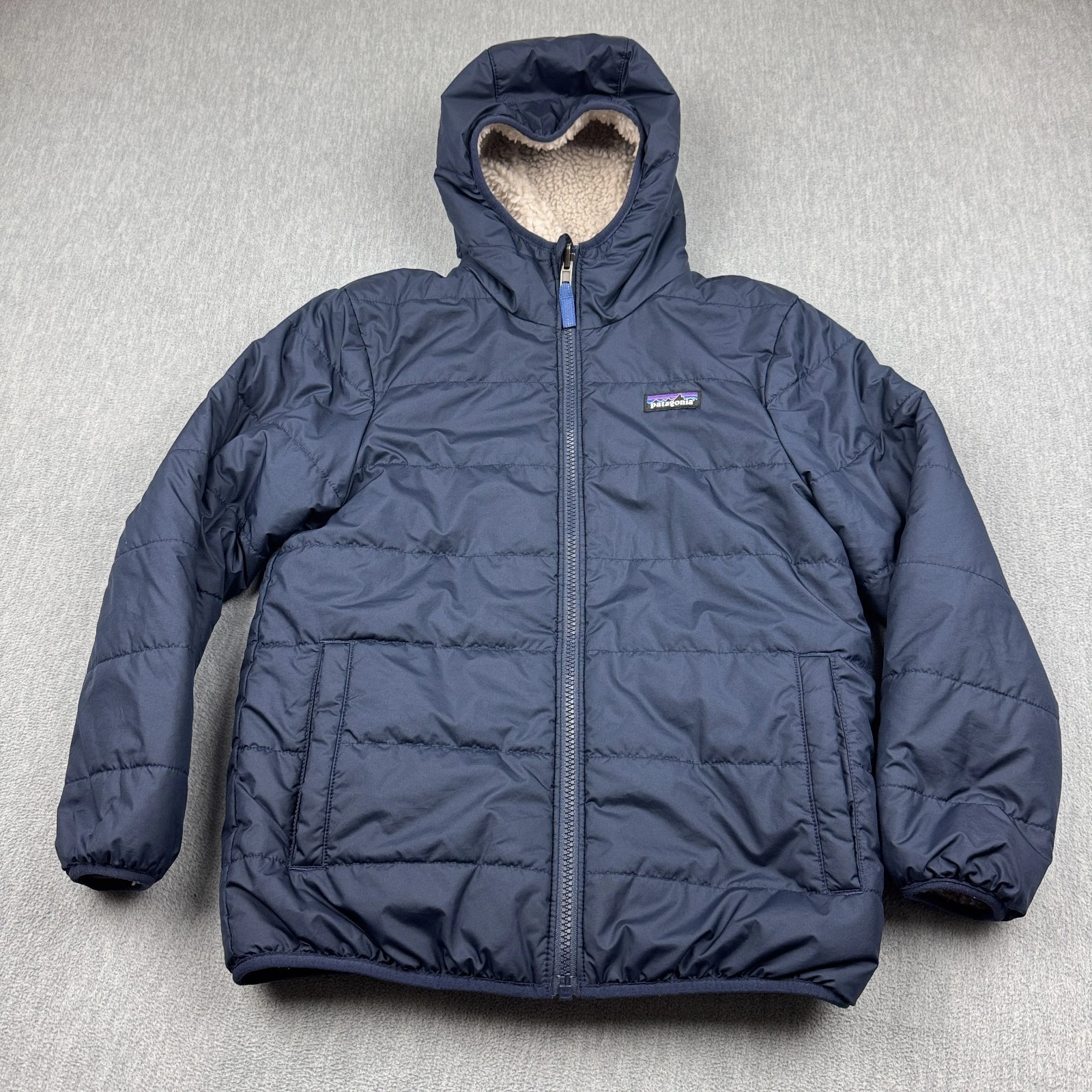 Patagonia Jacket Kids Medium 10 Blue Reversible Ready Freddy Hoody Fleece 68095