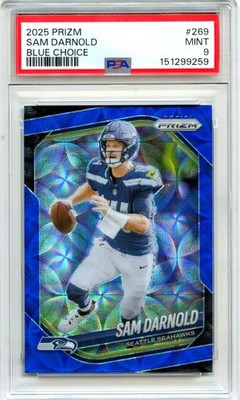 SAM DARNOLD 2025 PANINI PRIZM BLUE CHOICE JERSEY # SP 14/14 PSA 9 MINT SEAHAWKS