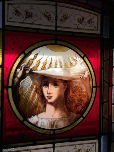 Antique Stained Glass Window Sun Solar Woman Flowing Blond Hair Hand Painted - Picture 21 of 22