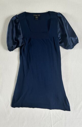 August Silk Knit Silk Mini Sweater Dress Blue Size Medium M Cap Short Sleeves