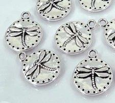 8 Dragonfly Raised Coin Charm Antique Silver Pewter Embossed Insect Pendant 15mm