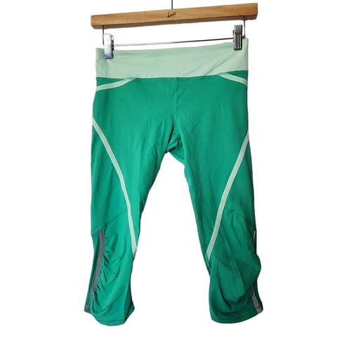 Lululemon Athletica Leggings 4 Run Pace Crop Mesh Women's Green Ruched Sides Act - Picture 4 of 12