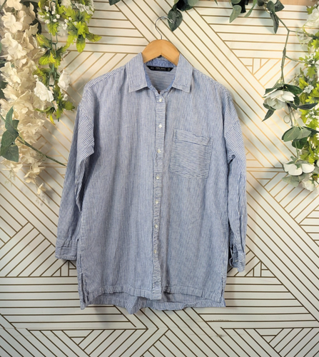 Zara Women's Linen Striped Button Down Blouse Roll Tab Sleeve Blue white Sz M