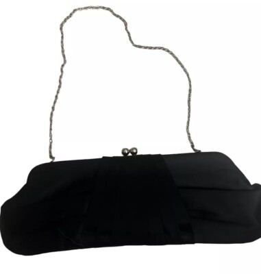 Franchi Black Satin Clutch Handbag with Chain Strap Rhinestone Click Closure