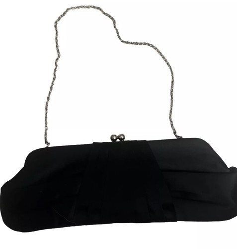 Franchi Black Satin Clutch Handbag with Chain Strap & Rhinestones Cocktail