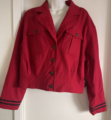 VTG Liz Wear Womens Red Jacket Moto Military Crop Blazer Button Front Collar M
