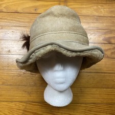 Vintage Bick Bucket Hat Adult Medium Suede Sherpa Lined Made In USA Feather