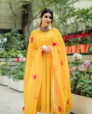 Yellow Hand Painted Organza Anarkali Suit Set