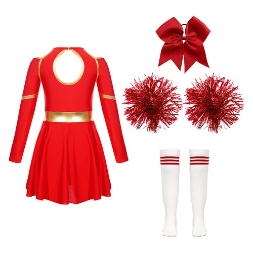 Kids Girls Cheerleading Costume Long Sleeve Dancing Dress Cheer Uniform Outfits - Picture 31 of 53