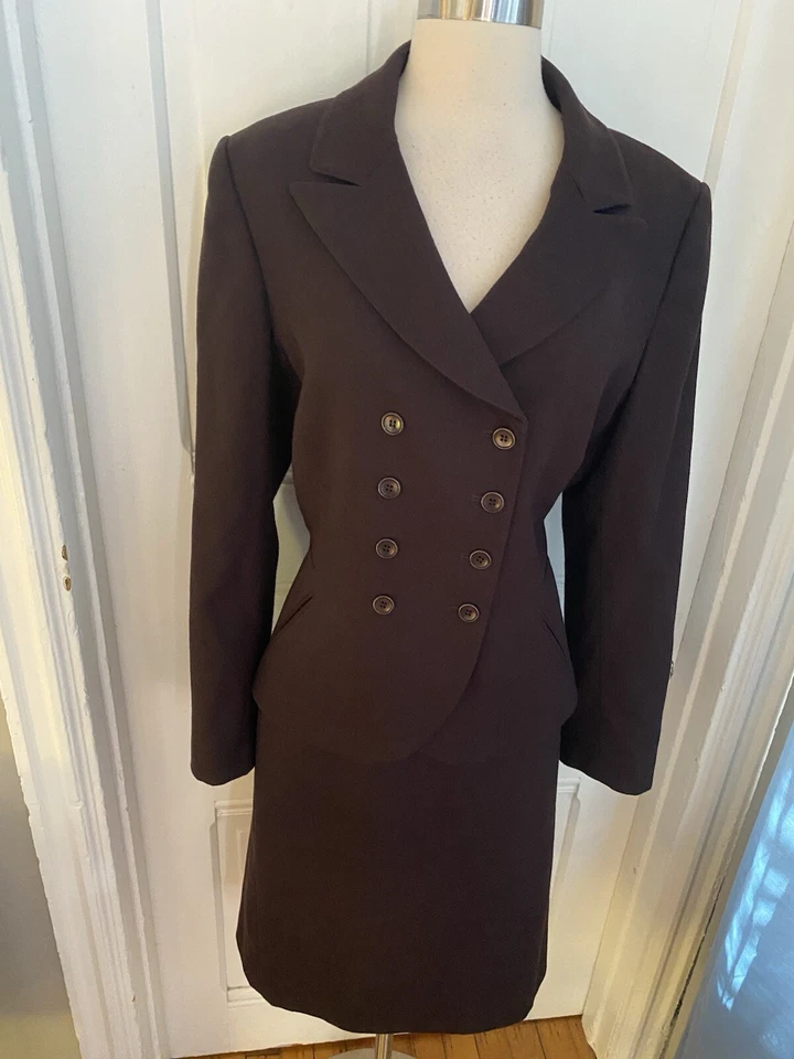TRAJE FALDA MARRÓN MEZCLA LANA TAHARI ARTHUR S.LEVINE-TALLA 14-NUEVO SIN ETIQUETAS-UN CLÁSICO-¡OFERTA!! Foto 4 de 4