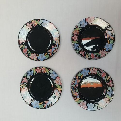 Arcoroc Plates Arcoroc France black floral ceramic plates blue bird plates x 4 - Picture 4 of 18